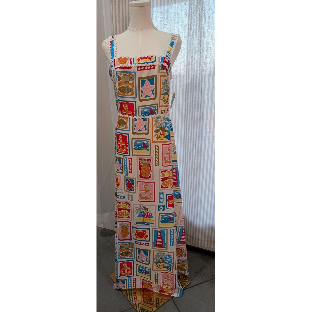 Sunday Up Seaside Maxi Dress Nautical‎ Beach Square Neck Strappy Size M